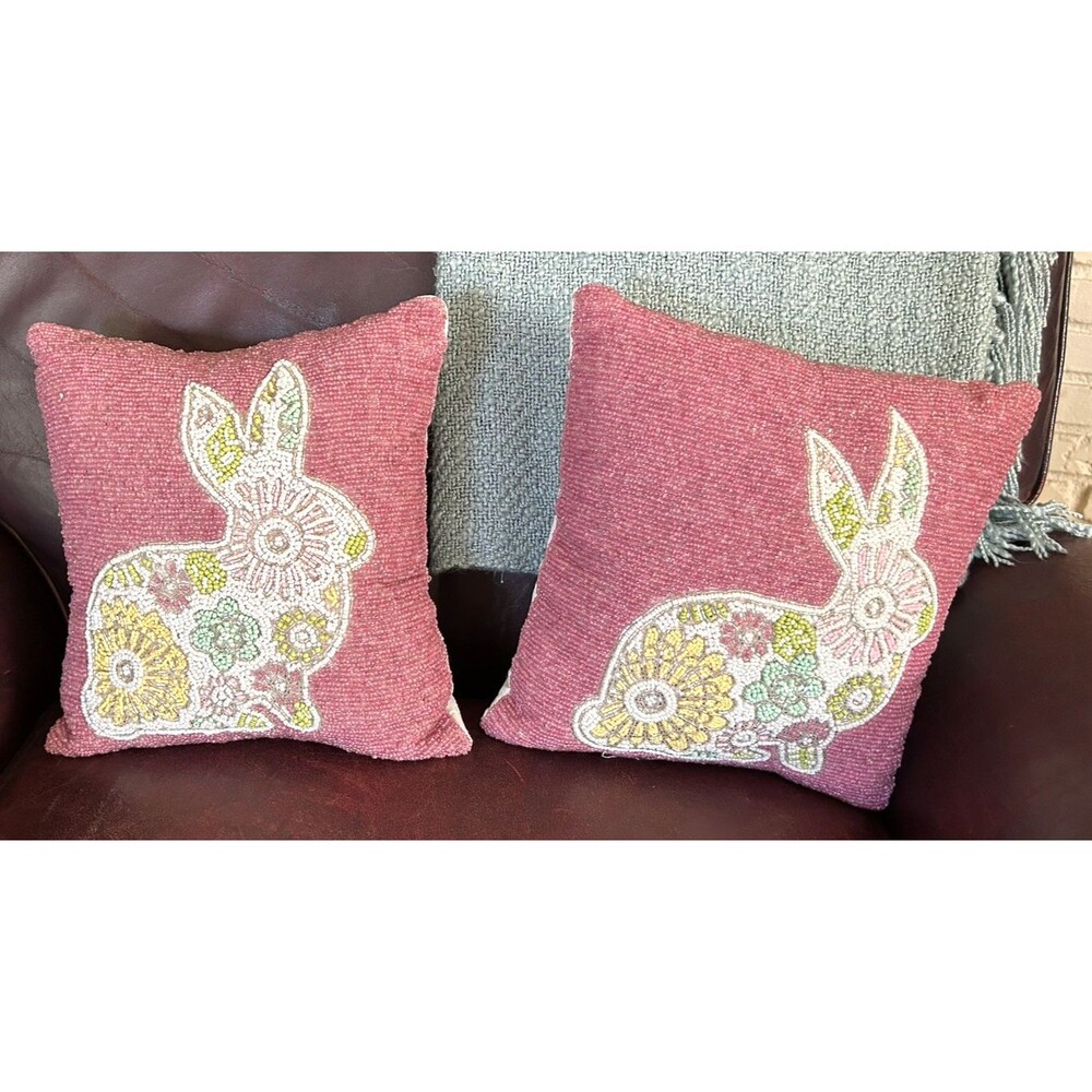 Bunny Rabbit Pink White Floral Beaded Square Accent Throw Pillows 11" Easter
